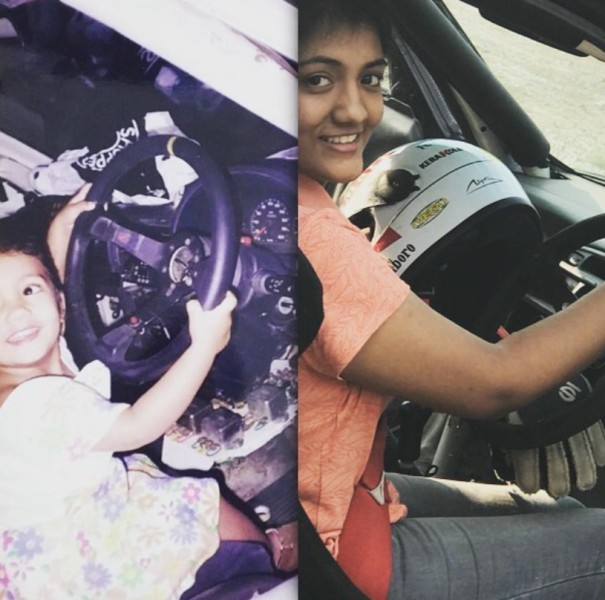Two photos of Shivani Pruthvi when she was a child and when she competed in rallies