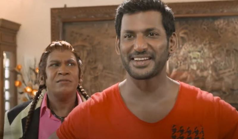 Vadivelu (left) in a still from the film 'Kaththi Sandai'