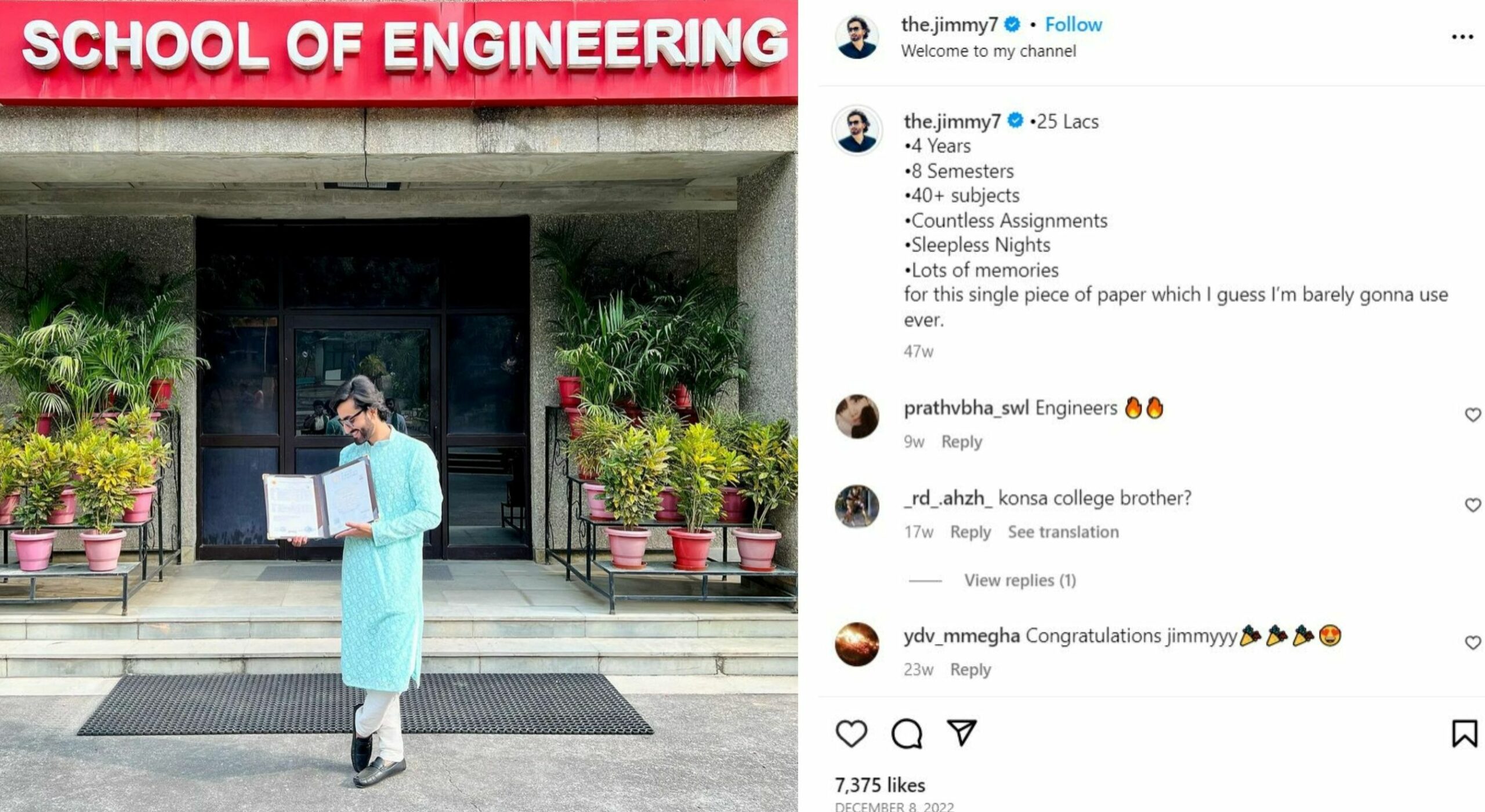 Vaibhav Gandhi's Instagram post about receiving the Bachelor of Technology degree