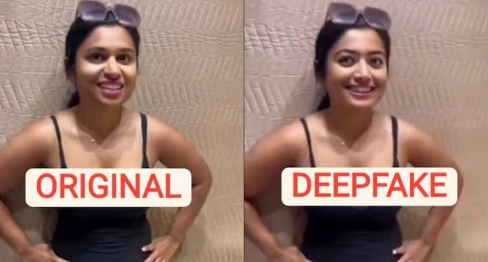 Snip of Zara Patel’s deep fake video morphing Rashmika Mandanna’s face (right)
