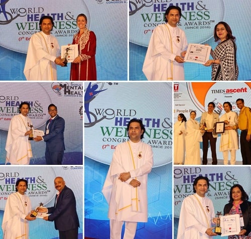 A collage of Rajyogi Brahmakumar Nikunj receiving Most Influential Person in Mental Health by World Health Congress