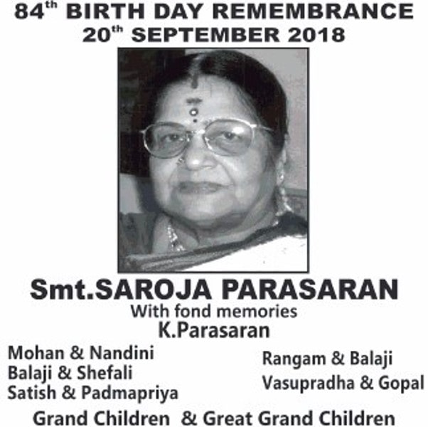 A poster announcing birthday remembrance of Saroja Parasaran