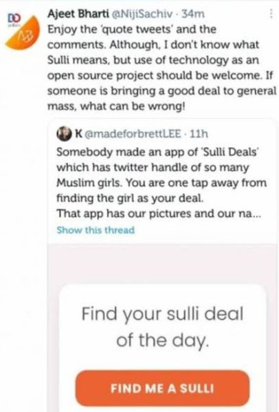 Ajeet Bharti's tweet endorsing the controversial Sulli Deals app