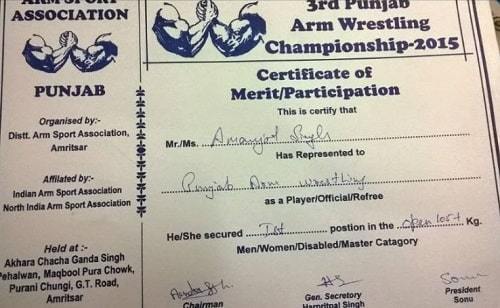 Amanjot Singh’s certificate for arm wrestling