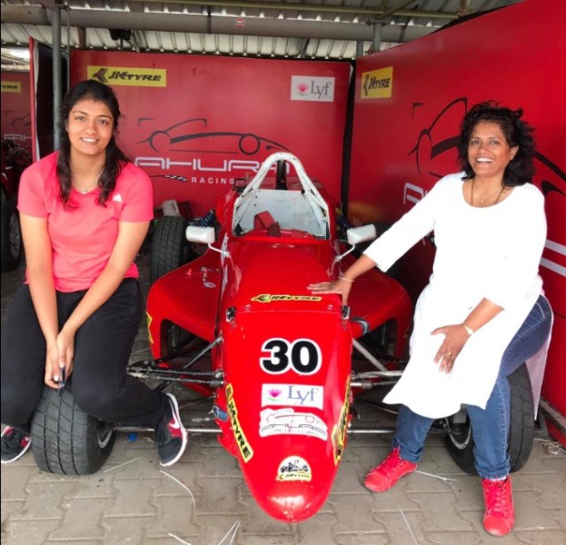 Deepti Pruthvi with Shivani Pruthvi (left) during an advertisement for JK Tyre