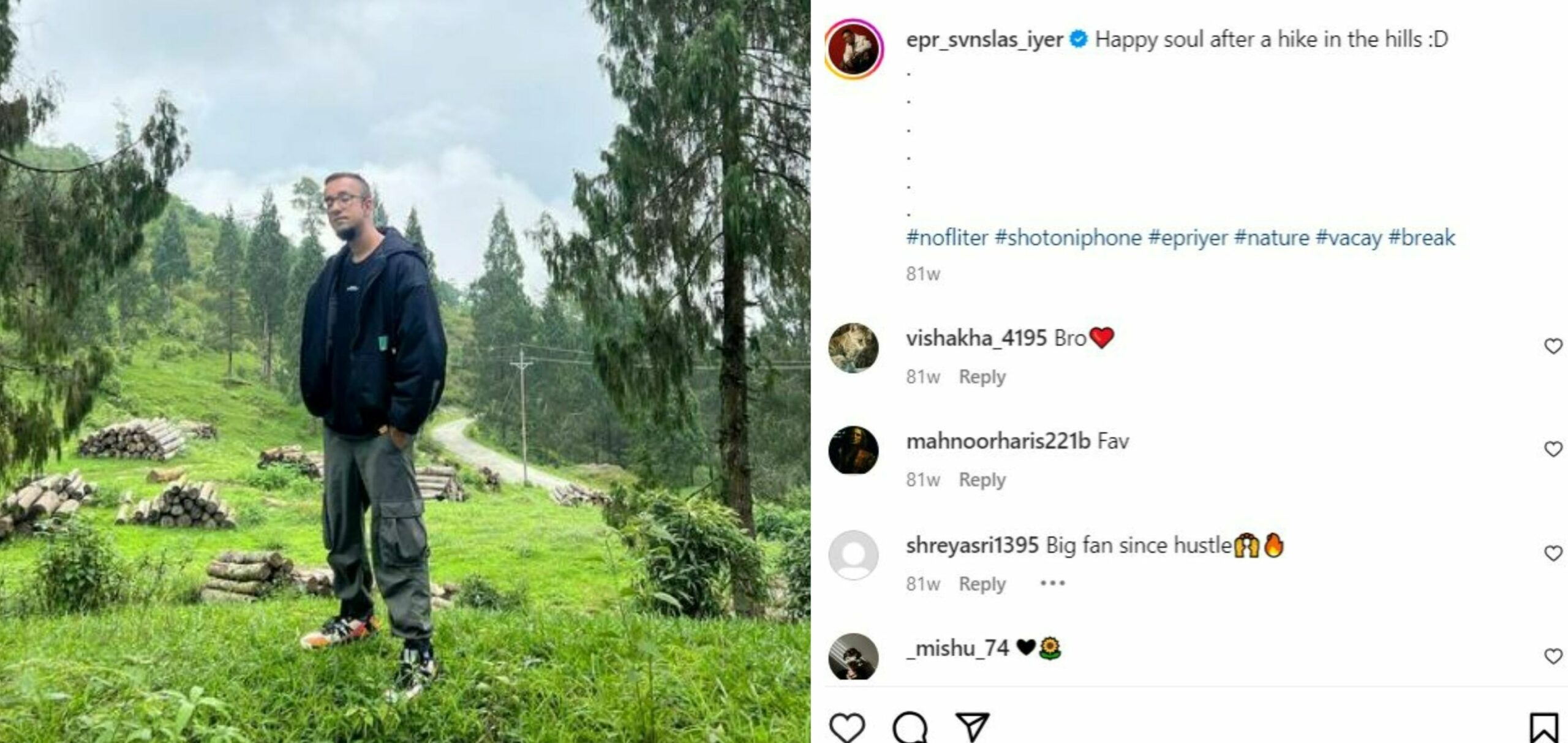 EPR Iyer's Instagram post about hiking