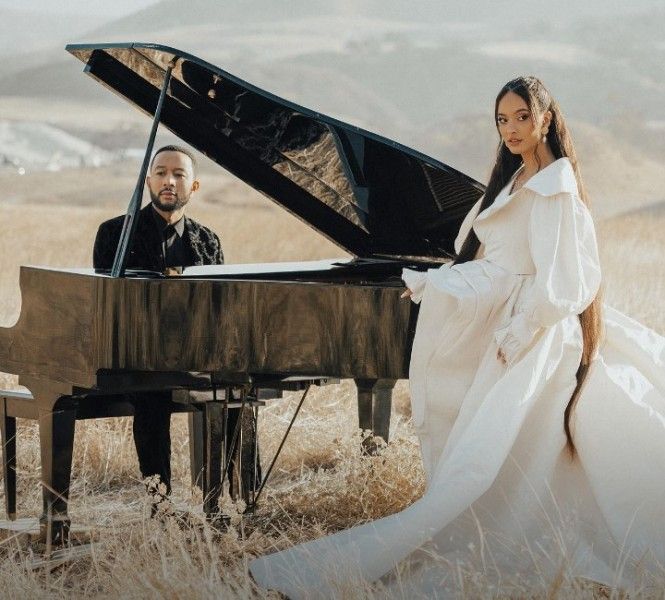 Faouzia with John Legend (left) during the shoot of Minefield song