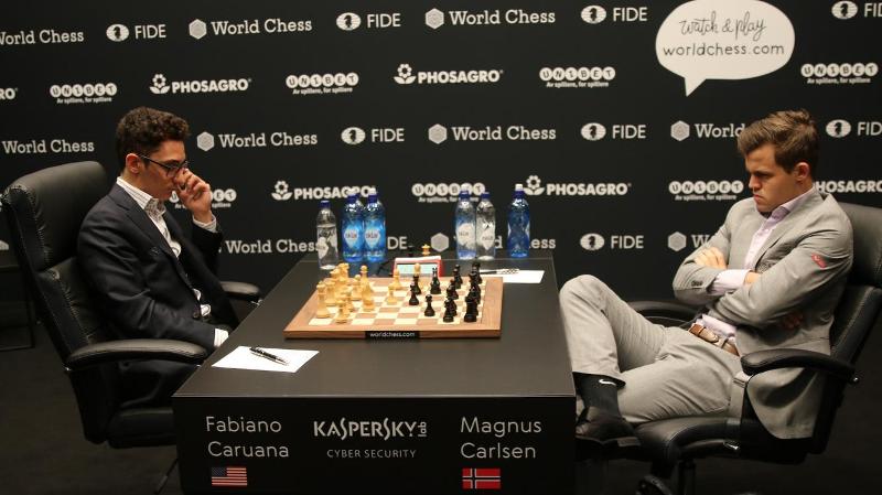 Magnus Carlsen and Fabiano Caruana at the 2018 World Chess Championship