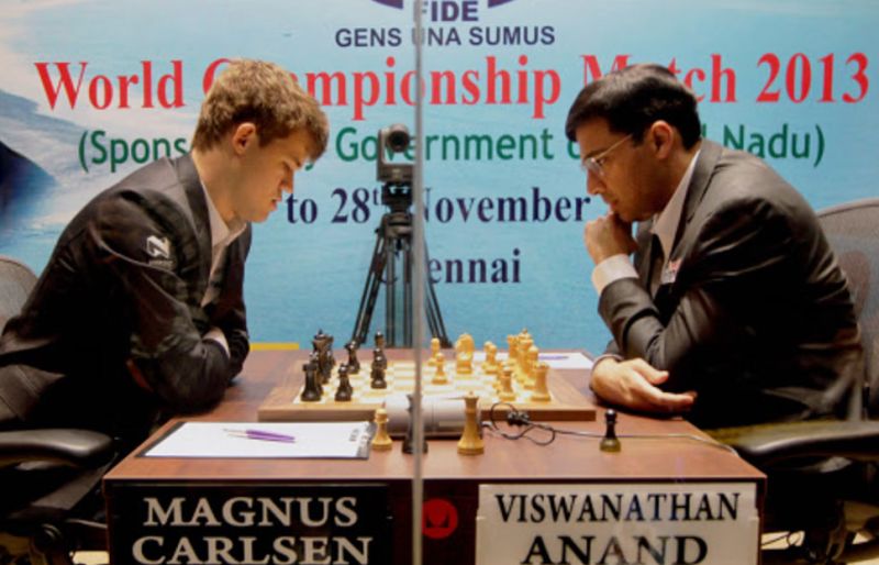 Magnus Carlsen and Viswanathan Anand in the World Chess Championship held in Chennai in 2013