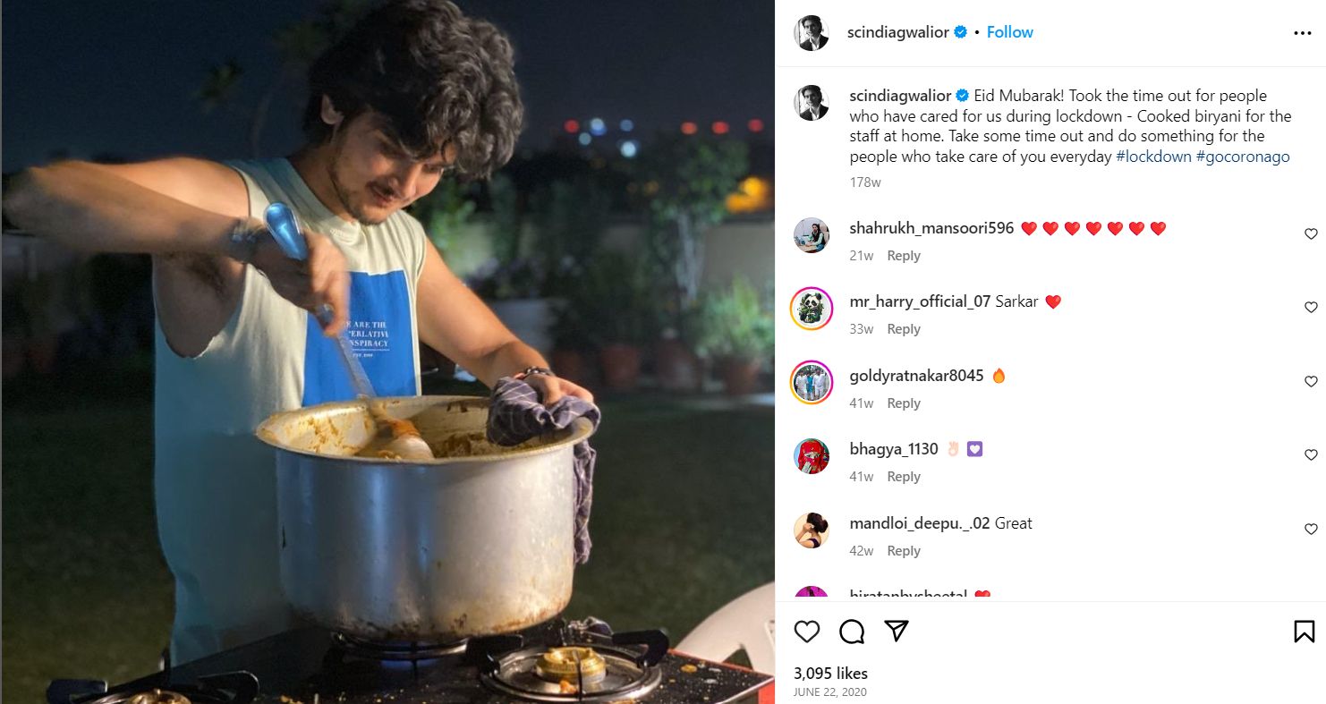 Mahanaryaman Scindia's Instagram post about making biryani