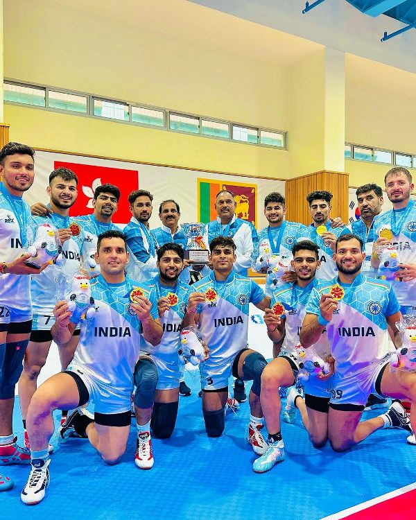 Mohit Goyat (sitting second from right) with his team at the 2023 Asian Kabaddi Championship in Busan, South Korea