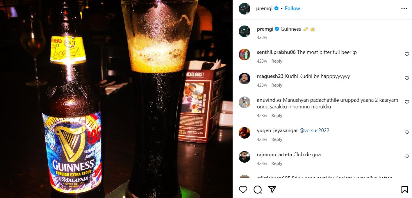Premgi Amaren's Instagram post about drinking beer