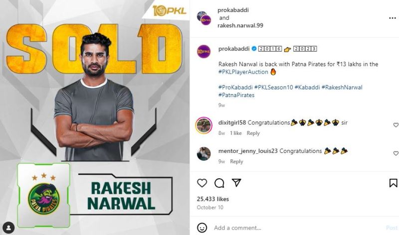 Rakesh Narwal's Instagram post about season 10 of Pro Kabaddi League