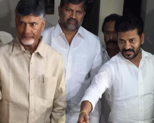 Revanth Reddy (extreme right) with N. Chandrababu Naidu (extreme left)