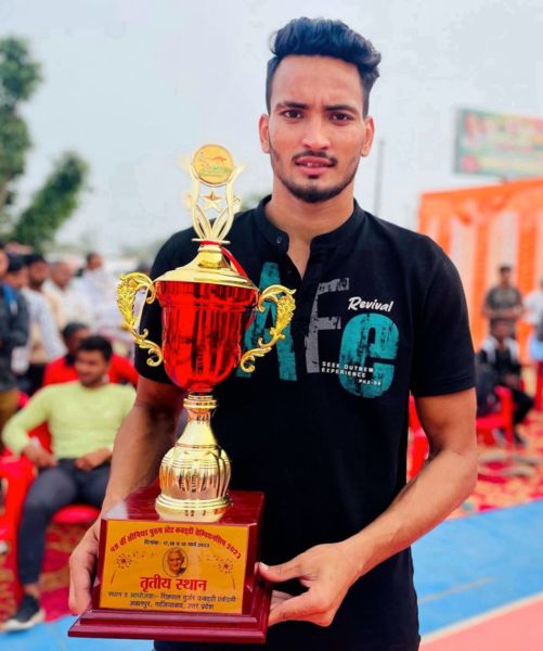 Robin Chaudhary with the third position trophy of the 49th Kabaddi State Championship (2023)