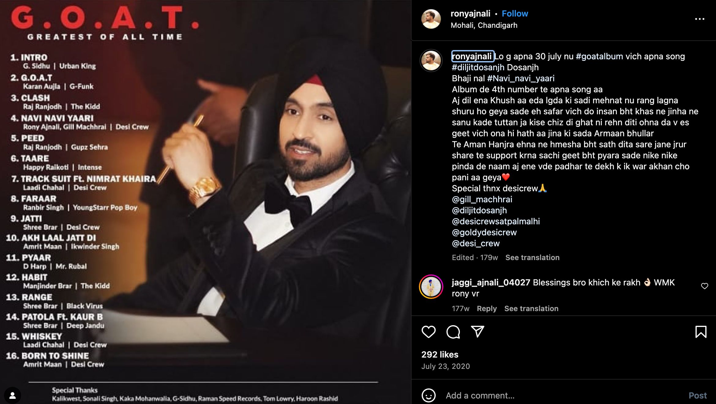 Rony Ajnali's Instagram post about the song 'Navi Navi Yaari' in Diljit Dosanjh's album titled 'G.O.A.T' (2020)