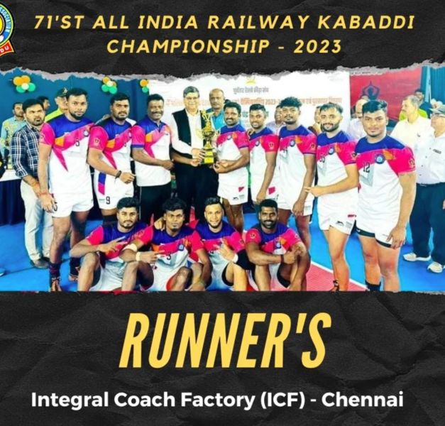 S. Sanjeevi (sitting- first from left) with his team after winning the second prize at the 71st All India Railway Kabaddi Championship in 2023
