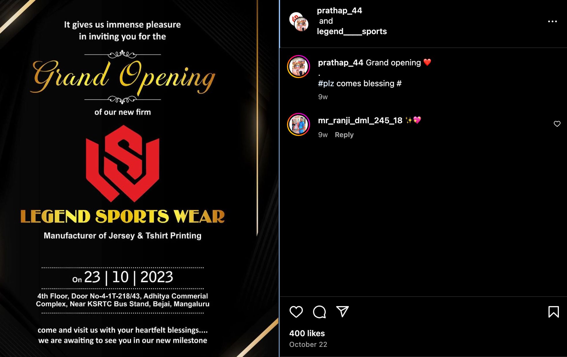 Sachin Prathap's Instagram post announcing the launch of his store 'Legend Sports'