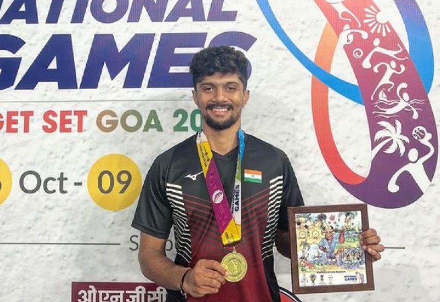 Sai Pratheek posing with the gold medal that he won at the 37th National Games