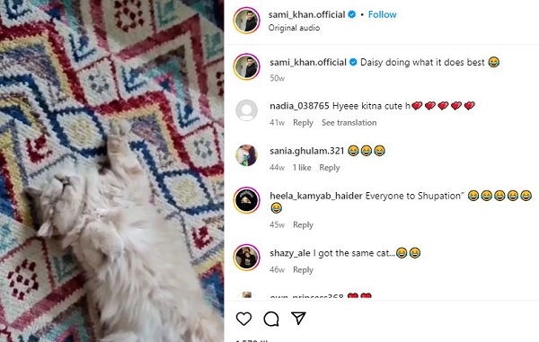 Sami Khan's Instagram post for his cat