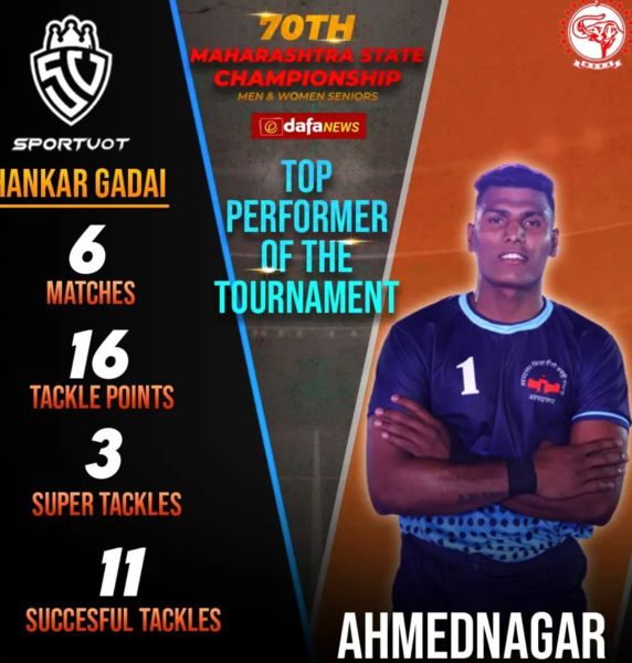 Shankar Gadai awarded as the 'Top Performer of the Tournament' at the 70th Senior Men's & Women's Maharashtra State Kabaddi Championship in 2022