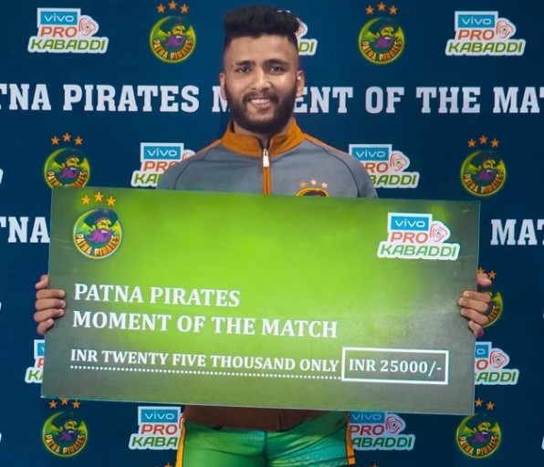 Shubham Shinde while showing his title 'Moment of the Match' in the 9th season of the PKL