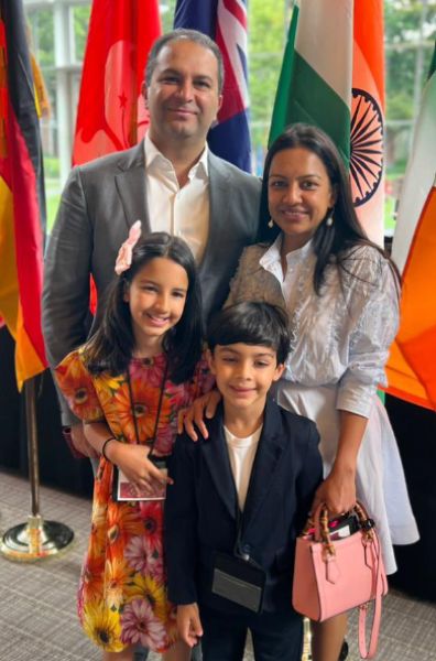 Tarini Jindal Handa with Vikram Handa and their two children