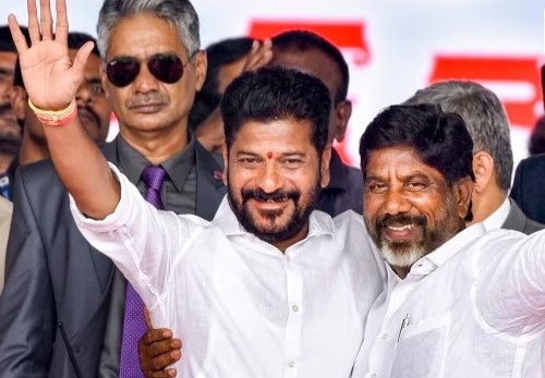 Telangana CM Revanth Reddy and Deputy CM Mallu Bhatti Vikramarka after taking oath at the swearing-in ceremony, in Hyderabad
