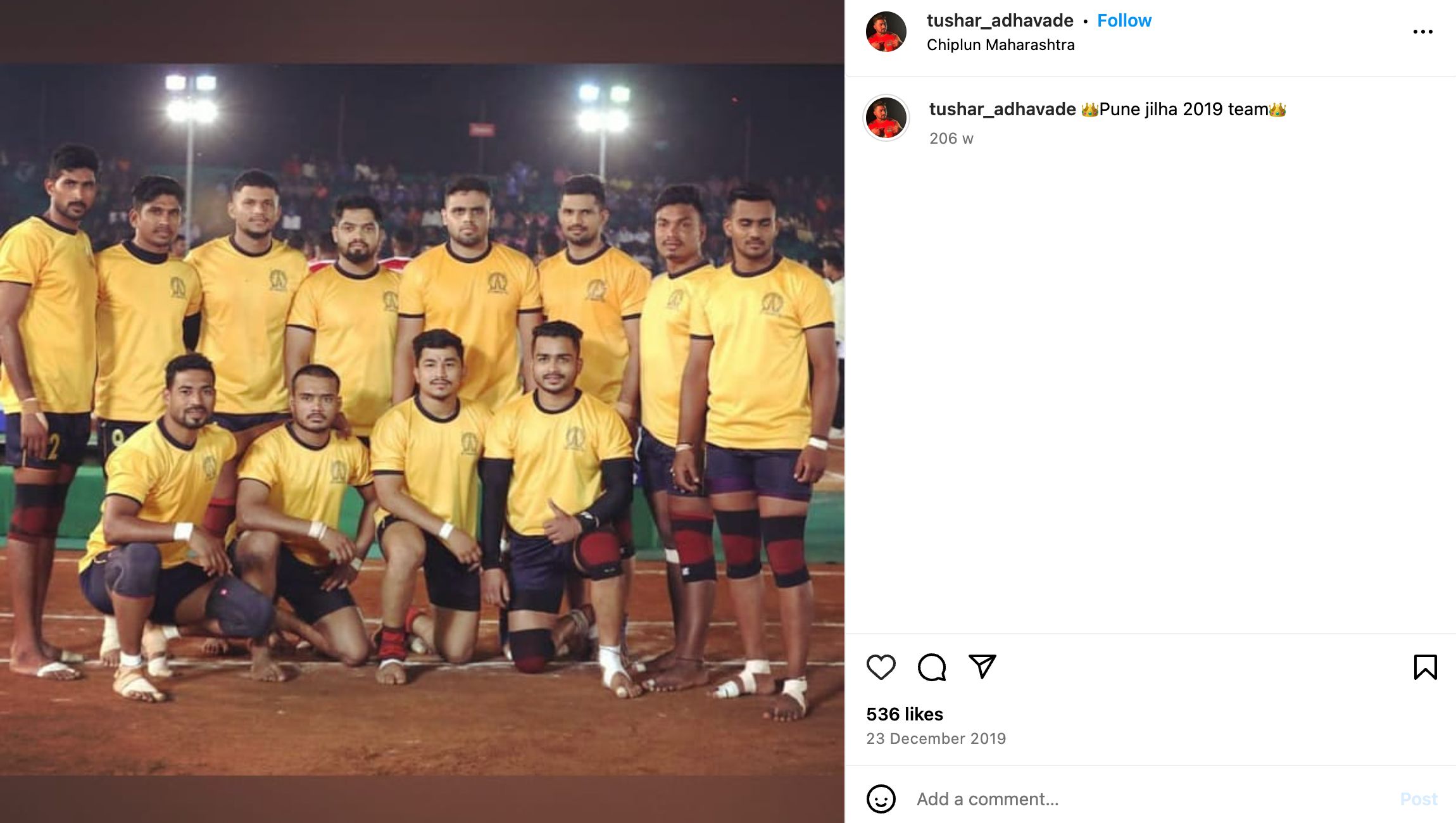 Tushar Dattaray Adhavade shared a post on Instagram about his participation in a district level Kabaddi championship