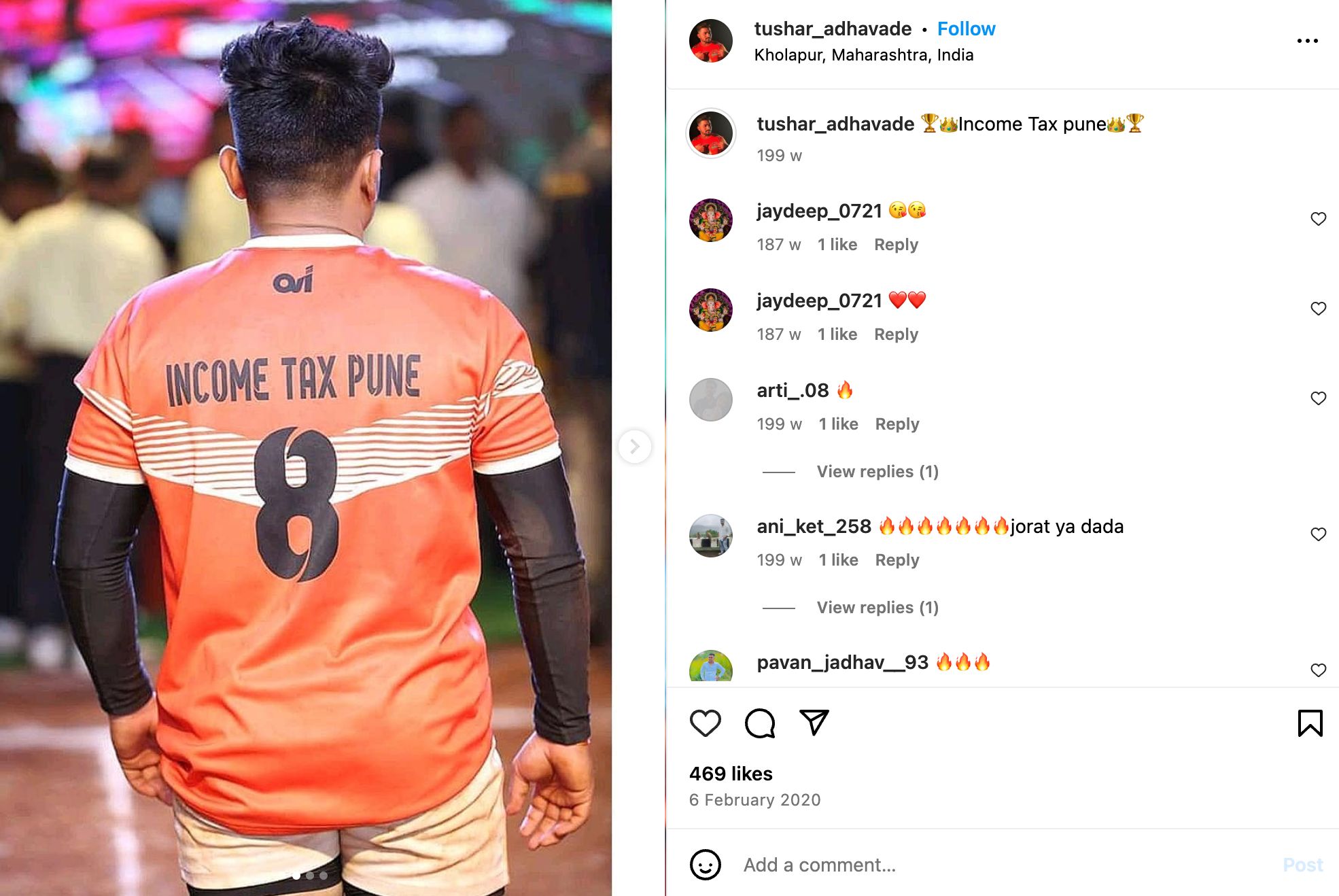 Tushar Dattaray Adhavade shared a post on Instagram wearing his jersey for the team Income Tax Pune