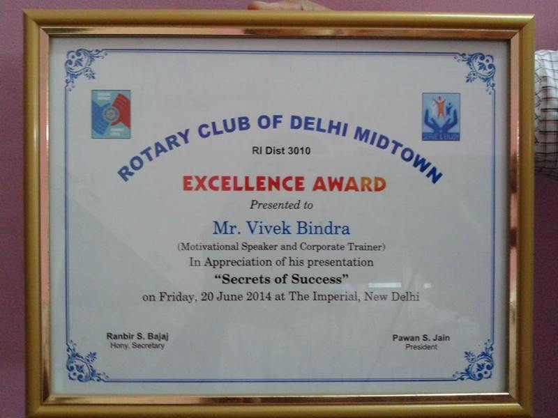 Vivek Bindra's Excellence Award by Rotary Club