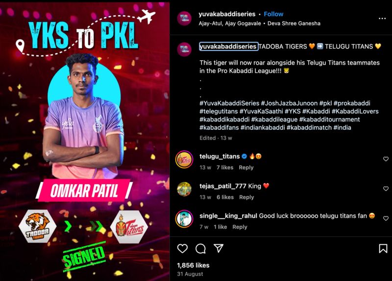 Yuva Kabaddi Series' Instagram post announcing Omkar Patil's selection in the Pro Kabaddi League 2023