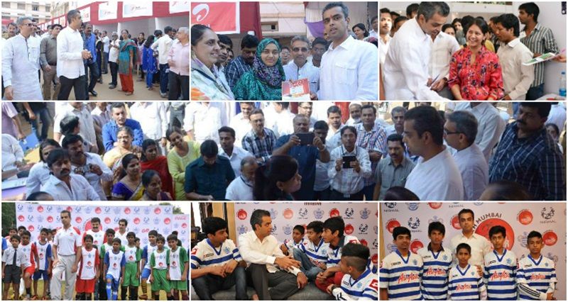 A collage of Milind Deora doing various activities for welfare of children