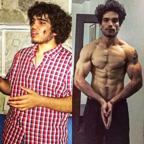 A collage of pictures of Rishabh Sawhney showing his physical transformation
