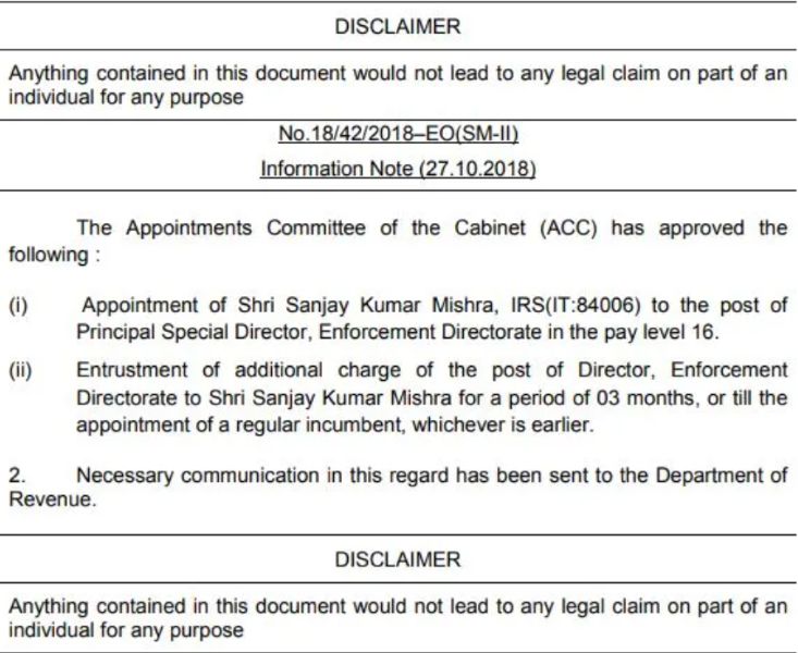 A notice from the Appointments Committee of the Cabinet approving the appointment of Mishra to the Enforcement Directorate