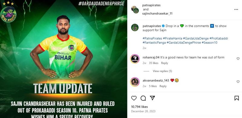 A screenshot of Sajin Chandrasekar's Instagram post about his injury