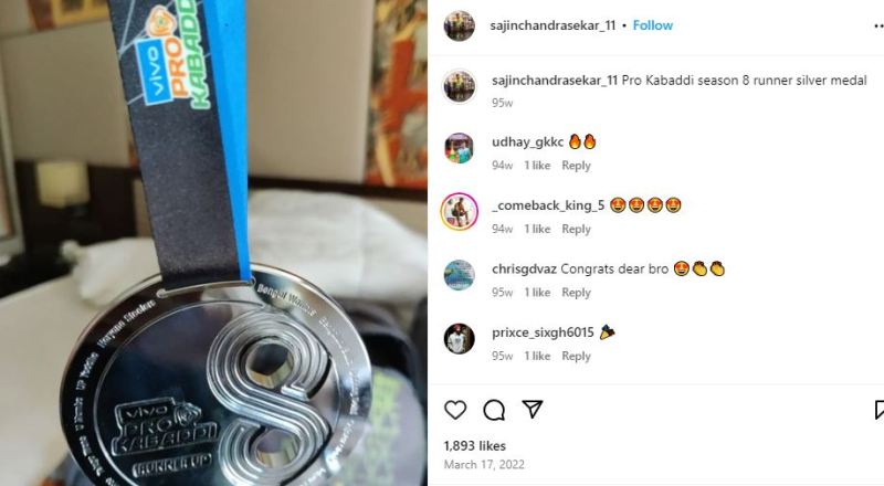 A screenshot of Sajin Chandrasekar's Instagram post about winning a medal at season 8 of the Pro Kabaddi League