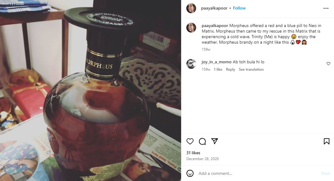 A snip of Paayal Kapoor Nair's Instagram post, showing her drinking habits