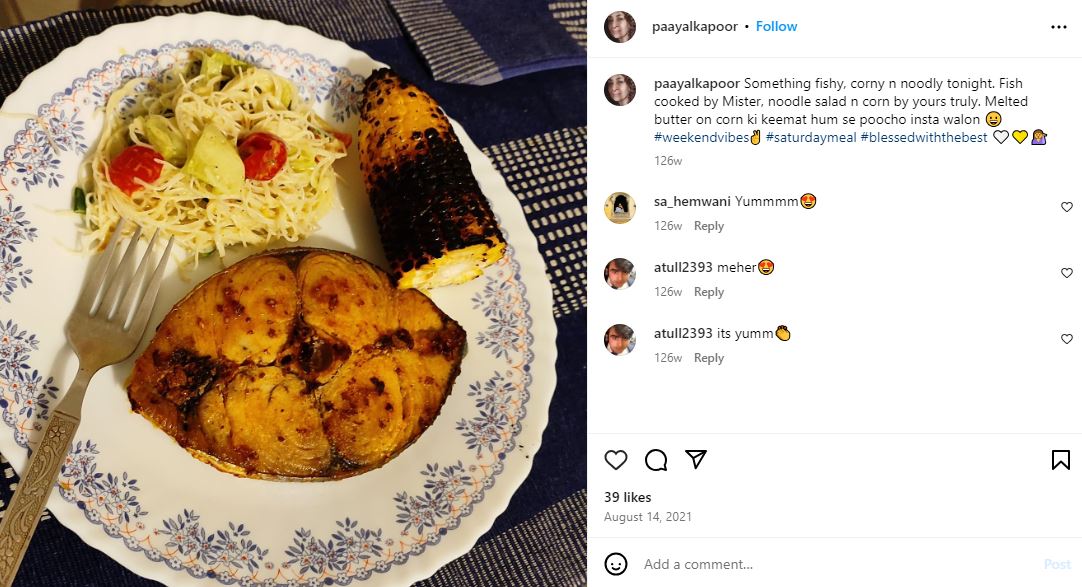 A snip of Paayal Kapoor Nair's Instagram post, showing her food habits