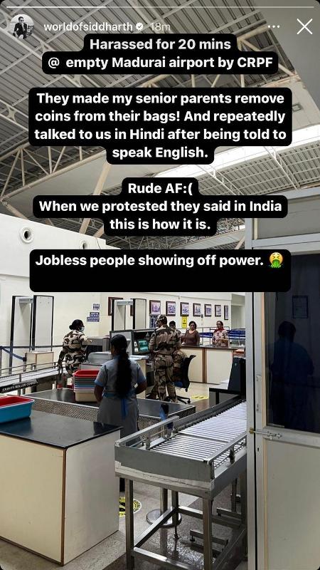 A snip of Siddharth's Instagram story about his experience at Madurai Airport