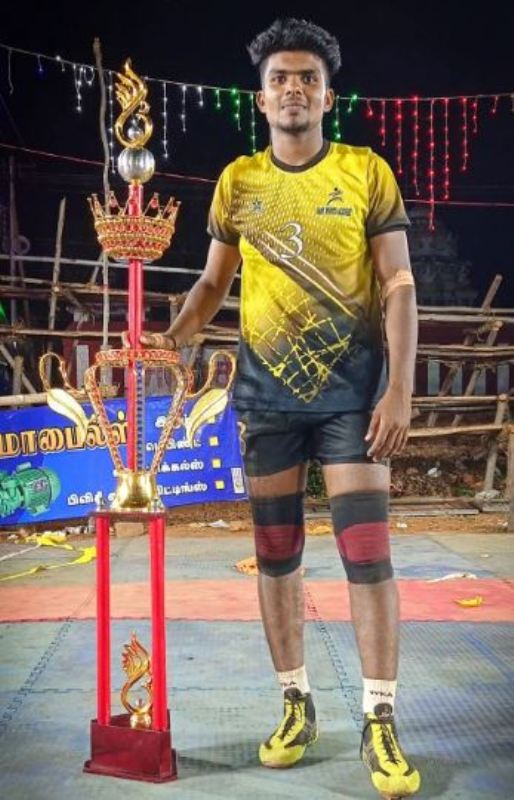 Abinand Subhash after winning a district level Kabaddi match in Mettur Dam