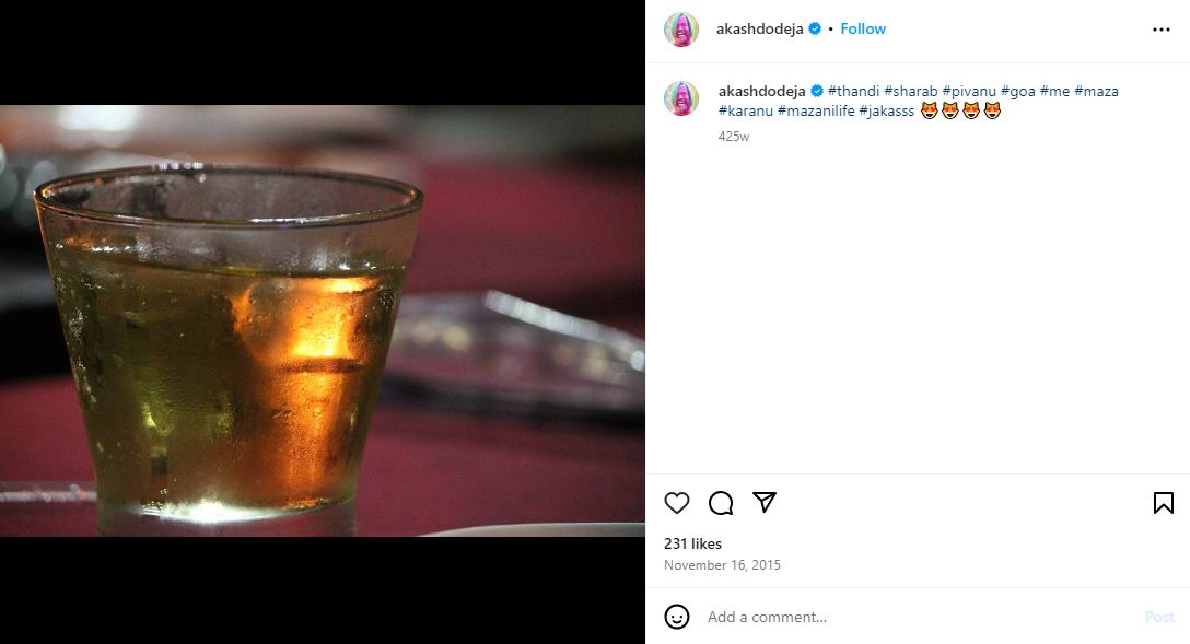 Akash Dodeja's Instagram post showing his drinking habits