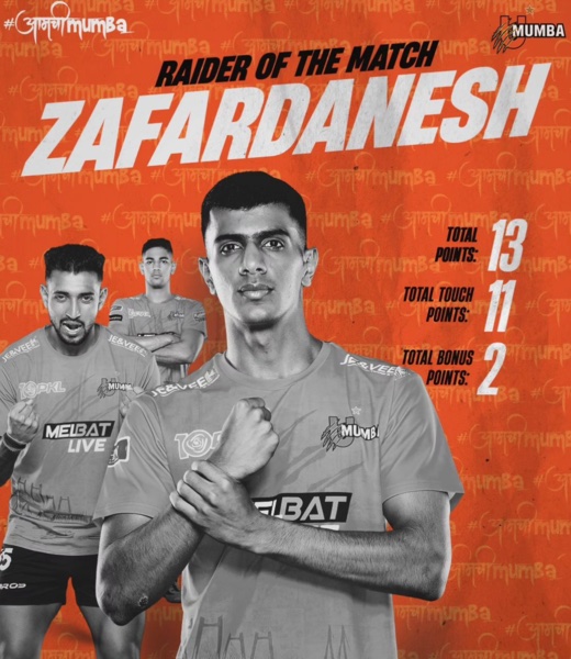 Amirmohammad Zafardanesh as Raider of the Match in PKL season 10 (2024)