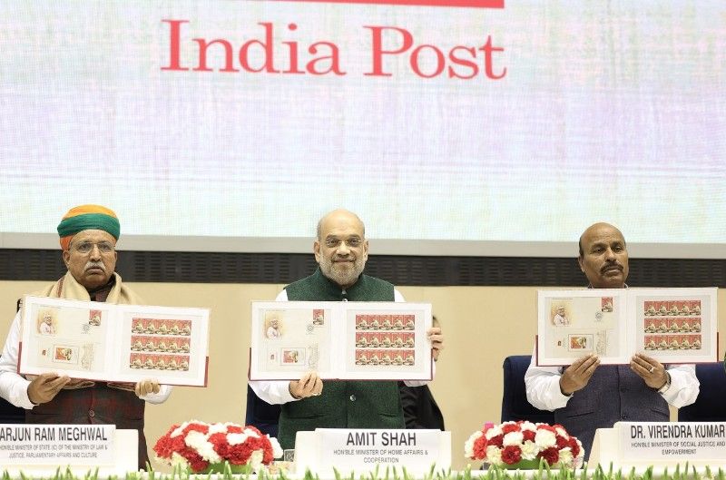Amit Shah and other ministers releasing postal stamp of Karpoori Thakur on his 100th birthday celebrations