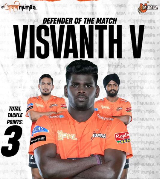 'Defender of the Match' titled won by Visvanth V in PKL season 10