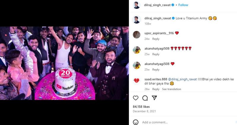 Dilraj Singh Rawat's Instagram post about reaching 20 million subscibers on his Youtube channel
