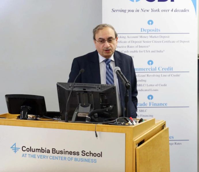 Dinesh Khara giving a talk at Columbia Business School, New York