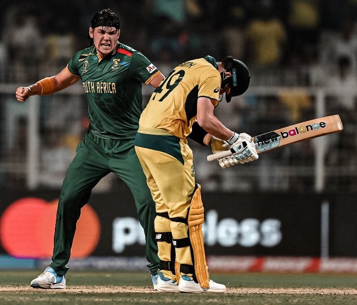 Gerald Coetzee celebrating the wicket of Steven Smith during the semifinal of the 2023 ODI World Cup