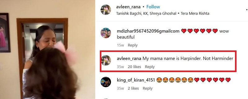 Harminder Kaur's daughter's Instagram comment