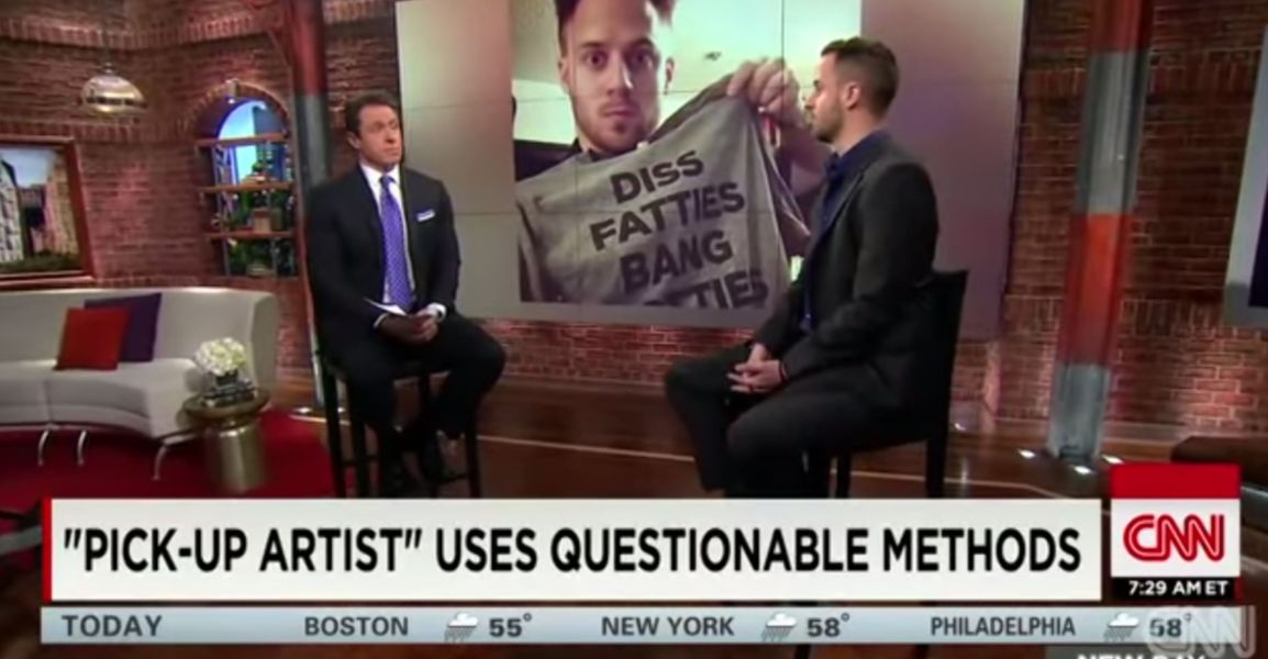 Julien Blanc (right) during an interview on CNN, apologising for his controversial opinions, posts, and videos